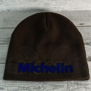 Michelin Hat Beanie One Size Brown Knit Embroidered Logo Michelin Man Cars Mens
